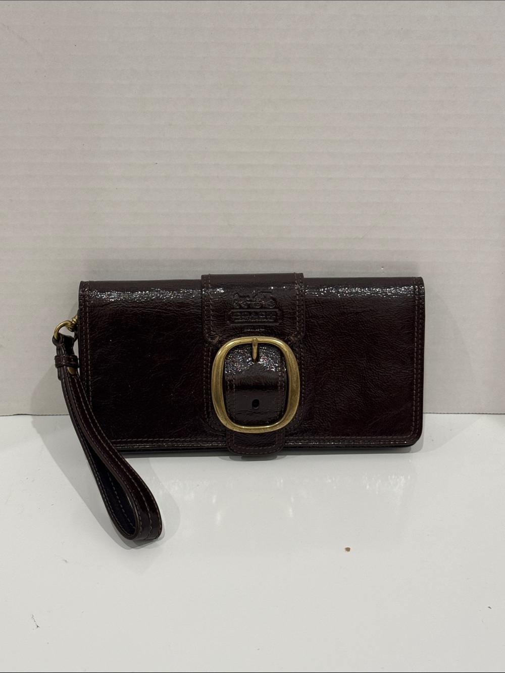 Coach Brown Patent Leather Wristlet Wallet with Brass Buckle